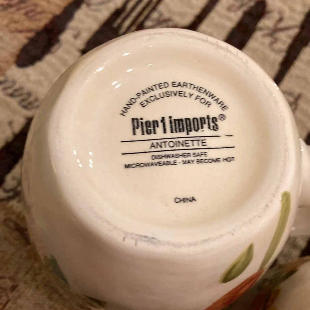 Pier 1 Imports Antoinette Floral Cream Hand Painted Earthenware Mugs (2)